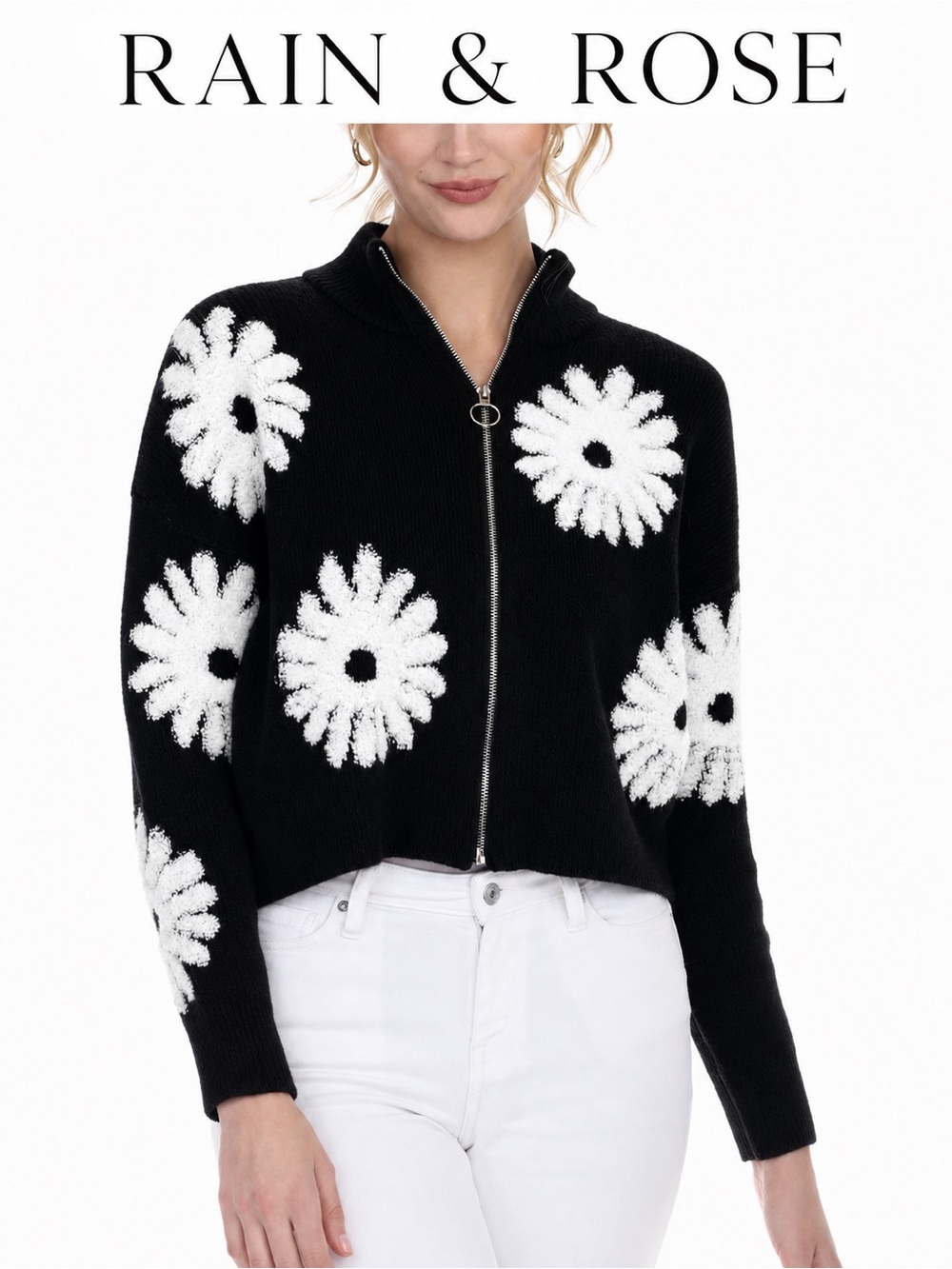 RAIN+ ROSE Black and White Flower Pop Zip Cardigan Size Small